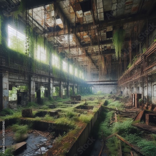 Abandoned Factory Overgrown with plants showing decay and nature