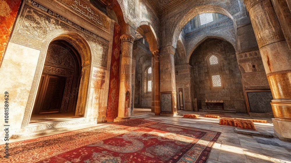 Obraz premium An ornate interior of a historical building with arches, intricate designs, and carpets.