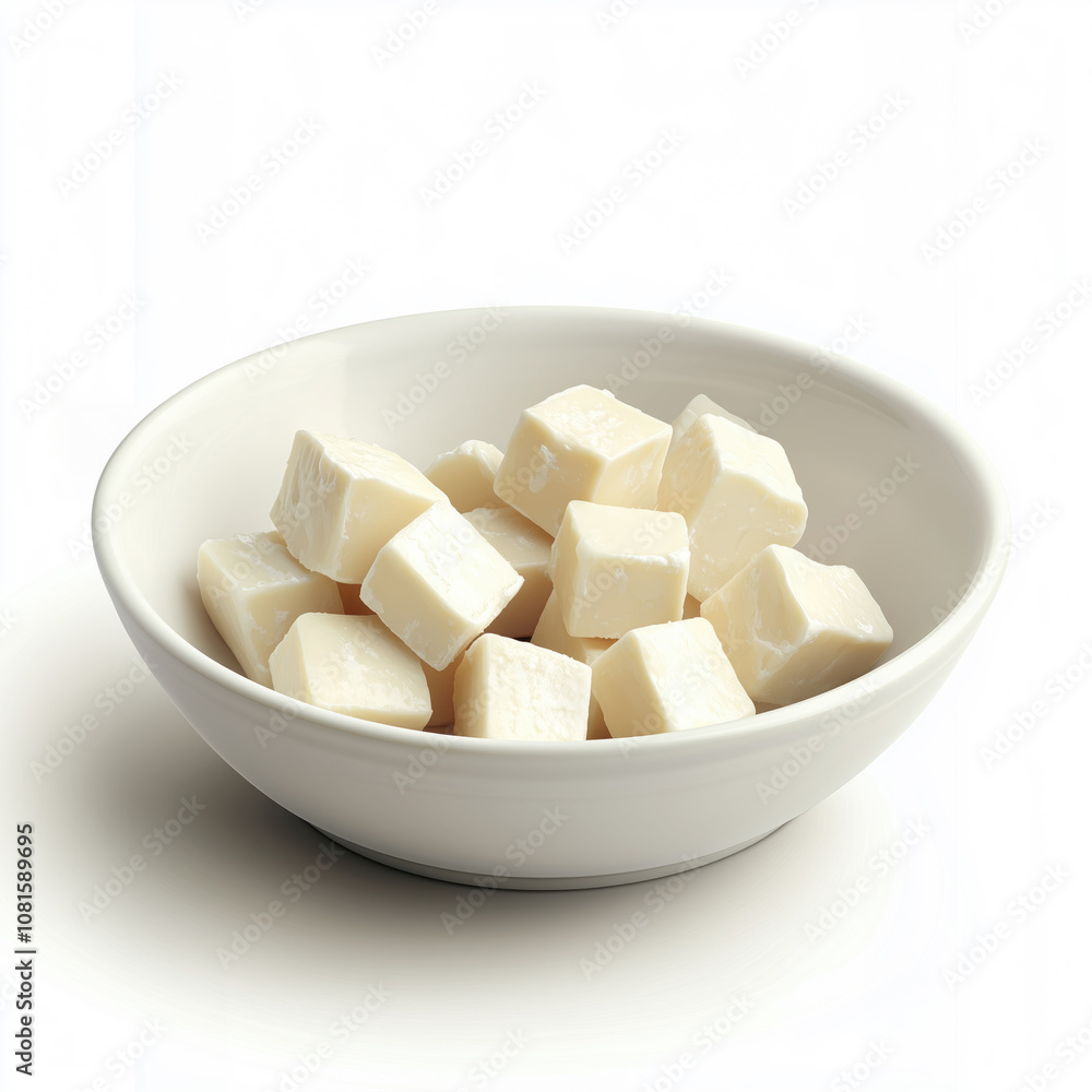 White bowl filled with cubes of ingredient White bowl filled with cubes of ingredient