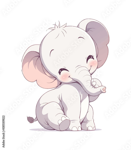 A cute, cartoon-style baby elephant sitting and smiling.