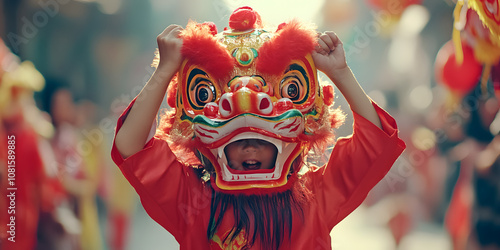 A child happily plays the lion dance on the street full of the atmosphere of the Chinese New Year. Carnival, Chinese New Year, Year of the Snake, New Year, poster, wallpaper, background, culture