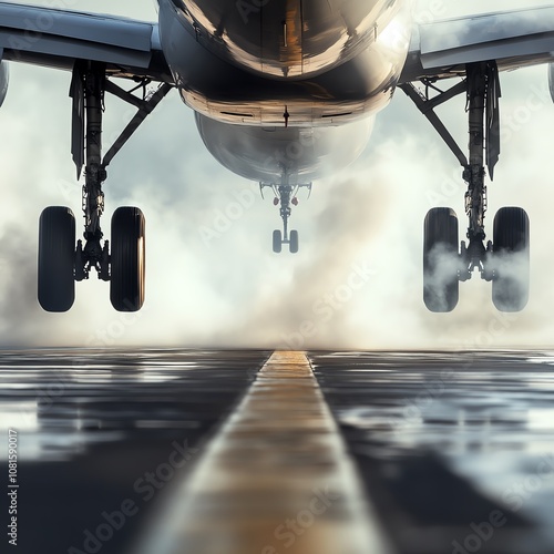 Closeup of airplane tires landing on the runway with detailed smoke effects photo