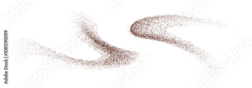 Flying coffee or chocolate powder, dust particles in motion, ground splash isolated on light background. Vector illustration.