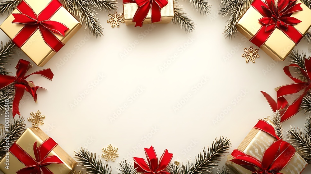 Gift wrap ribbon Christmas border with shiny gold and red ribbons framing the center space, luxurious textures, soft shadow effect, bright festive colors, hd quality. --ar 16:9 Gift wrap ribbon Christmas border with shiny gold and red ribbons framing the center space, luxurious textures, soft shadow effect, bright festive colors, hd quality. --ar 16:9