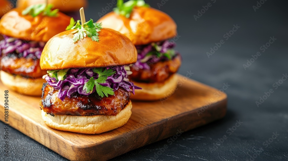 Savor the flavor of BBQ jackfruit sliders topped with vibrant purple cabbage coleslaw, served on a rustic wooden platter. Savor the flavor of BBQ jackfruit sliders topped with vibrant purple cabbage coleslaw, served on a rustic wooden platter.