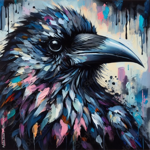 Acrylic Painting Crow A mysterious crow captured in bold express photo