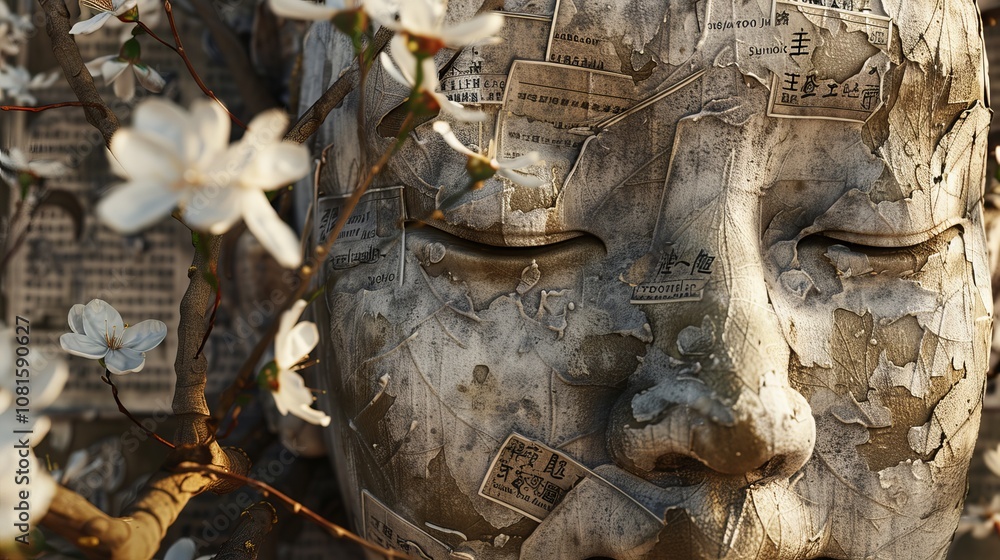 Fototapeta premium 3D illustration inspired by Confucian virtue ethics, depicting a serene face encircled by symbols of moral cultivation, social harmony, and ethical reflection