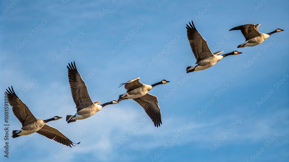 Obraz premium Geese flying in formation against a clear blue sky, wings extended and aligned, evoking precision, grace, and nature’s patterns
