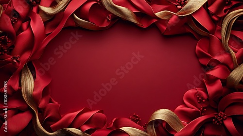 Luxurious red and gold ribbons with delicate curls and bows, creating a Christmas-themed border around a central copy space, soft shadows, detailed textures, hd quality, festive feel. --ar 16:9 photo