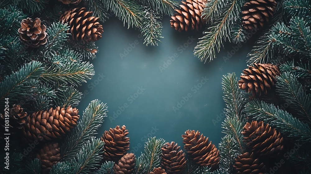 Naklejka premium Pine cones and fresh green fir branches forming a Christmas border, framing a central blank space, soft shadows, natural textures, hd quality, rustic and warm. --ar 16:9