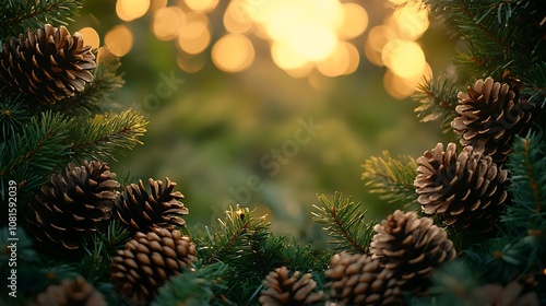 Pine cones and lush evergreen branches creating a natural border, framing a central blank copy space, intricate details, soft holiday lighting, hd quality, warm and earthy feel. --ar 16:9