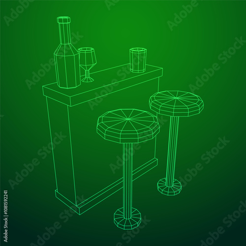 Bar counter with stools, bar top with bottles and glasses. Wireframe low poly mesh vector illustration.