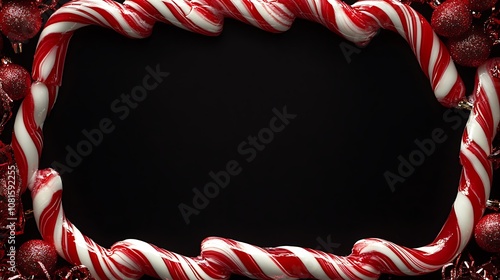 Playful candy cane border with red and white stripes, curling around a blank central copy space, glossy finish, bright holiday lighting, hd quality, joyful and festive. --ar 16:9 photo