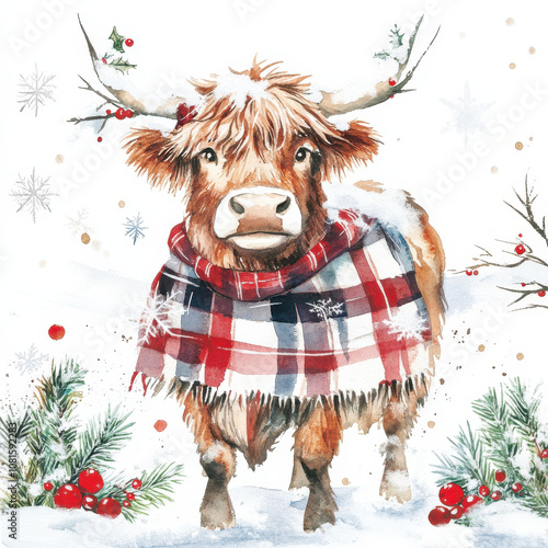 charming highland cow wearing plaid scarf in snowy landscape, surrounded by festive greenery and red berries, evokes cozy winter atmosphere