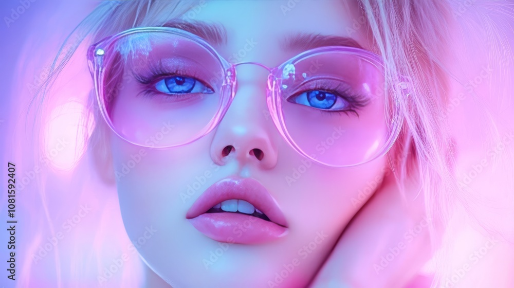 Dreamy Portrait of a Young Woman with Blue Eyes and Pink Sunglasses Surrounded by Neon Lights, Capturing a Captivating and Fashionable Aesthetic in Soft Focus Dreamy Portrait of a Young Woman with Blue Eyes and Pink Sunglasses Surrounded by Neon Lights, Capturing a Captivating and Fashionable Aesthetic in Soft Focus