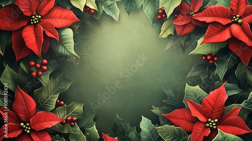 Poinsettia flowers with lush red petals and green leaves, creating a Christmas-themed border around a central blank area, intricate textures, bright holiday colors, hd quality. --ar 16:9 photo