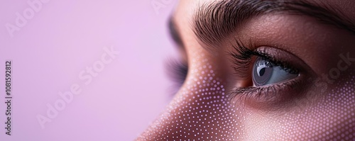 Beauty close-up showing delicate nanotech dots enhancing skin texture, soft lavender hues framing the face, futuristic skincare, rejuvenation and wellness art photo