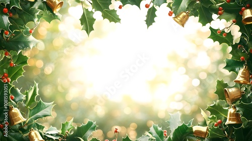 Ringing golden bells and vibrant green holly leaves forming a joyful Christmas border around a white central area, soft festive glow, hd quality, elegant holiday feel. --ar 16:9 photo