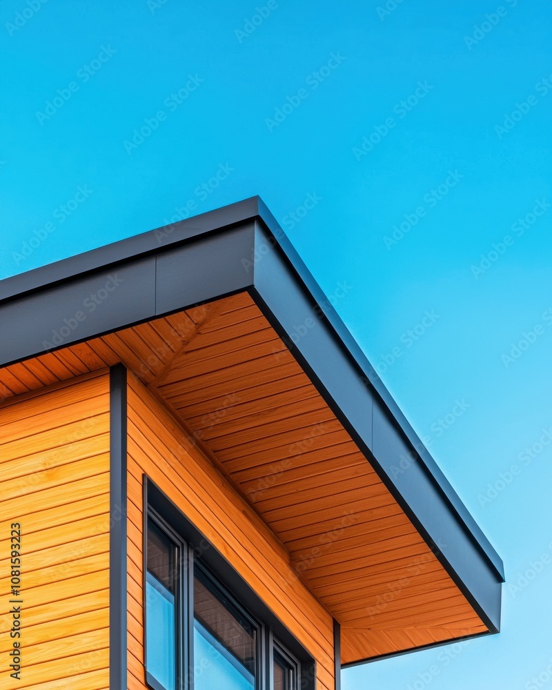 A modern building corner featuring an orange facade and sleek black roof against a clear blue sky. A modern building corner featuring an orange facade and sleek black roof against a clear blue sky.