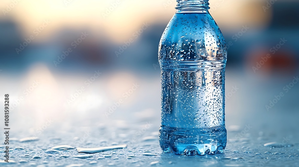 A cold bottle of water with condensation on a white surface, with a blurred background. A cold bottle of water with condensation on a white surface, with a blurred background.