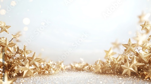 Shimmering golden stars forming a festive border around a blank copy space, bright reflections, elegant design, soft holiday light, hd quality. --ar 16:9 photo