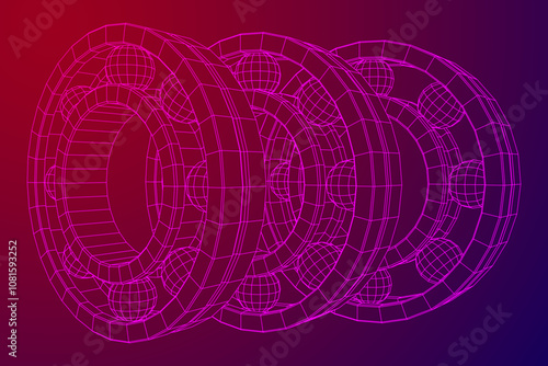 Roller bearing. Circular round rotating bearings used in industry for heavy equipment mechanical work and engineering. Wireframe low poly mesh vector illustration.