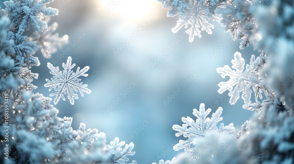 Shimmering silver and pure white snowflakes forming a frosty frame around a blank copy space, soft icy highlights, hd quality, detailed patterns, winter elegance. --ar 16:9 Shimmering silver and pure white snowflakes forming a frosty frame around a blank copy space, soft icy highlights, hd quality, detailed patterns, winter elegance. --ar 16:9