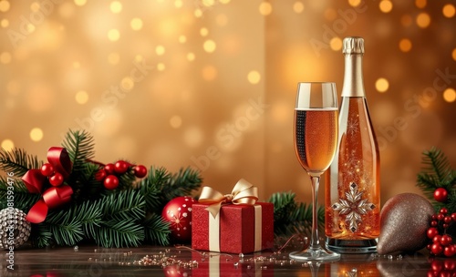 Background of the holidays of christmas and new year with champagne generative ai christmas backdrop professional studio photography Photorealistic style 