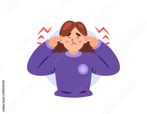 illustration of a woman covering her ears because she is disturbed by a sound. loud and disturbing sound. affected by noise pollution. Misophonia. facial expression. flat style character design