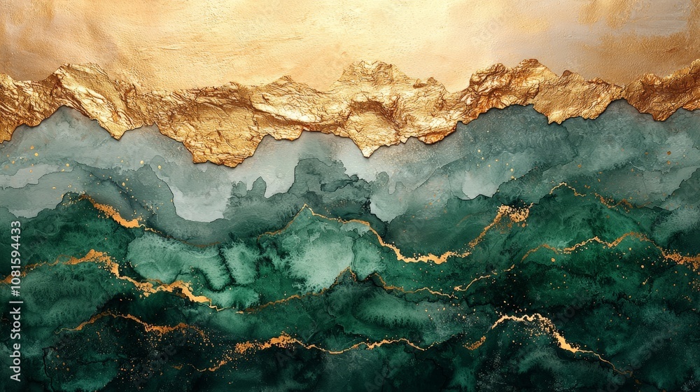 Abstract artwork featuring flowing waves in green and gold tones, evoking nature's beauty. Abstract artwork featuring flowing waves in green and gold tones, evoking nature's beauty.