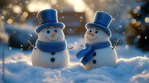 Snowmen border with blue scarves and top hats, standing in a snowy landscape, framing a blank center area, winter lighting, hd quality, detailed textures. --ar 16:9 photo