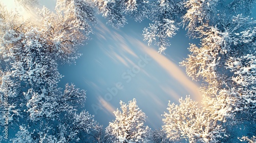 Snowy tree branches with sparkling icicles form a winter wonderland border around a blank central area, cool light, soft shadow effects, intricate snow details, hd quality. --ar 16:9 photo