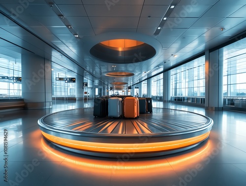 Luggage claim carousel in modern airport with ambient lighting photo