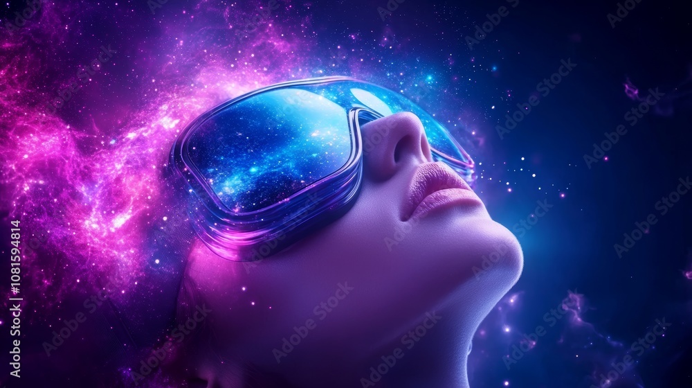 Ethereal Woman in Space with Futuristic Glasses, Surrounded by a Colorful Cosmic Nebula, Gazing Towards the Infinite Universe, Portrait Imagery for Modern Art and Design Ethereal Woman in Space with Futuristic Glasses, Surrounded by a Colorful Cosmic Nebula, Gazing Towards the Infinite Universe, Portrait Imagery for Modern Art and Design