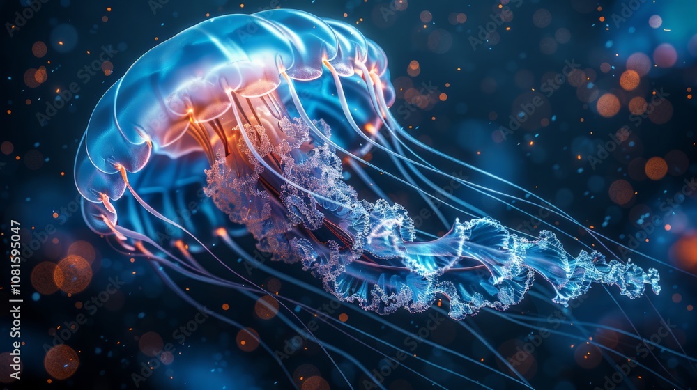 Glowing jellyfish drifting gracefully through the water, its tentacles trailing behind, against a dark blue background. Glowing jellyfish drifting gracefully through the water, its tentacles trailing behind, against a dark blue background.