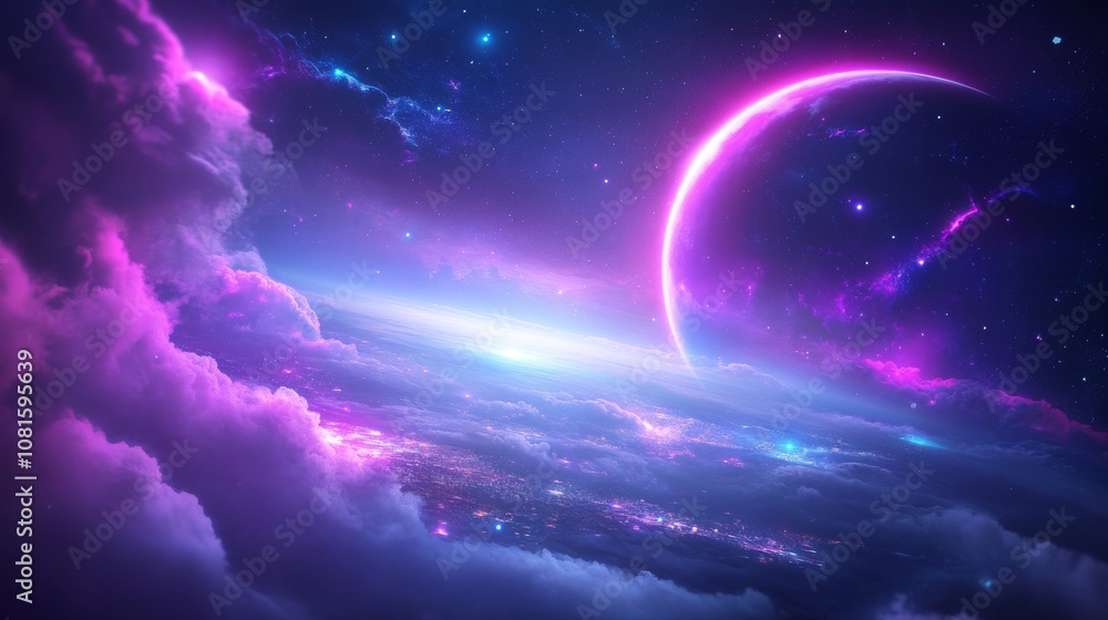 Ethereal Cosmic Landscape with Colorful Nebula, Majestic Celestial Bodies and Dreamlike Clouds in an Otherworldly Night Sky Ethereal Cosmic Landscape with Colorful Nebula, Majestic Celestial Bodies and Dreamlike Clouds in an Otherworldly Night Sky