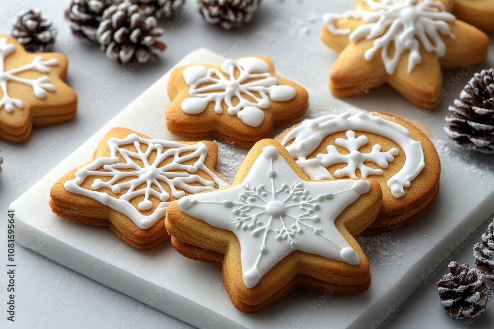 Delicate watercolor illustration of snowflake and star-shaped holiday cookies with subtle details Delicate watercolor illustration of snowflake and star-shaped holiday cookies with subtle details