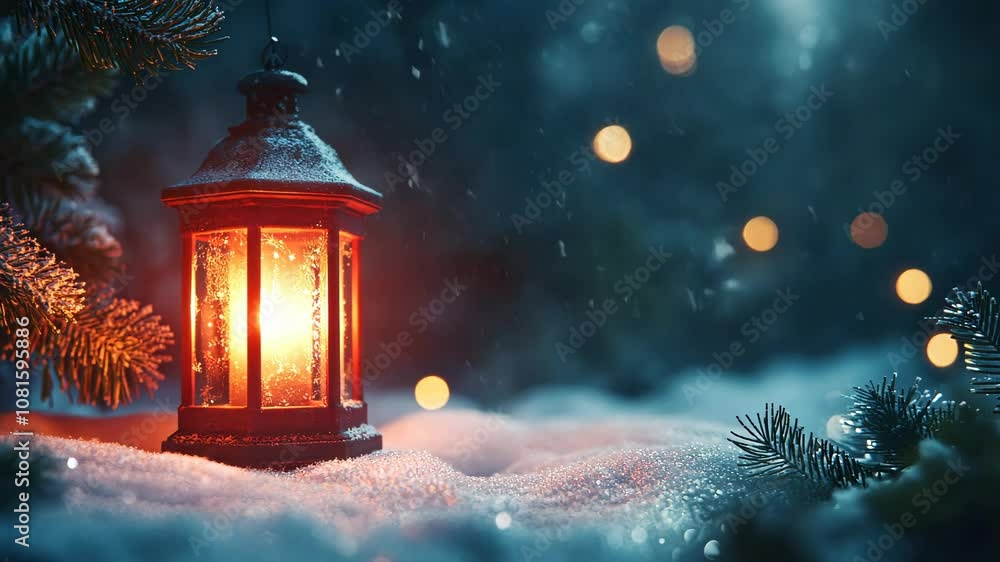 Lantern in snowy winter forest, cozy warm Lantern in snowy winter forest, cozy warm