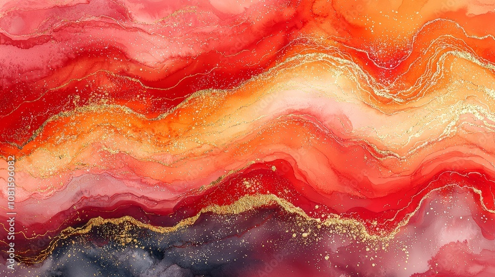 Abstract artwork featuring flowing waves of red, orange, and gold in a fluid design. Abstract artwork featuring flowing waves of red, orange, and gold in a fluid design.