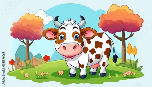 Charming cartoon dairy cow illustration with natural elements and joyful farm life photo