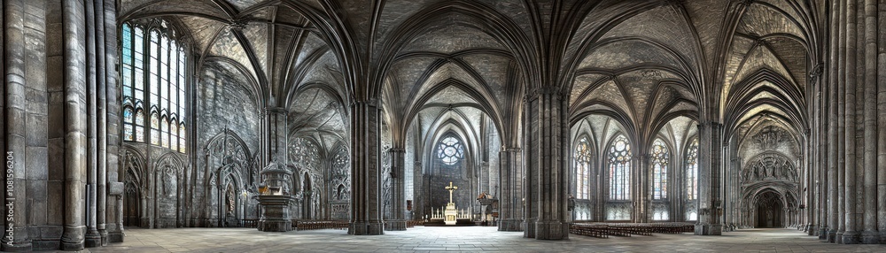 A panoramic view of a grand Gothic cathedral interior with intricate arches and stained glass. A panoramic view of a grand Gothic cathedral interior with intricate arches and stained glass.