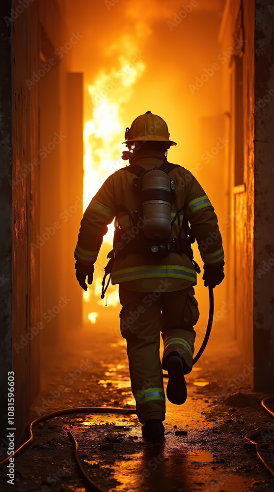 Brave Firefighter Charging Into Burning Building With Gear Brave Firefighter Charging Into Burning Building With Gear