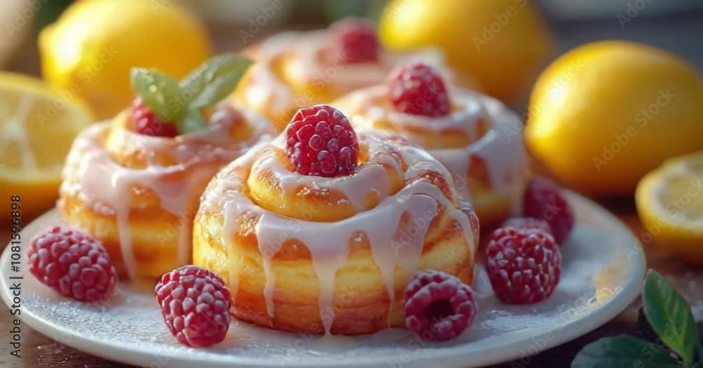 Freshly baked raspberry lemon sweet rolls with glossy white icing Freshly baked raspberry lemon sweet rolls with glossy white icing