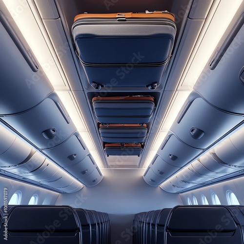 Realistic render of airplane overhead bin interior with luggage photo