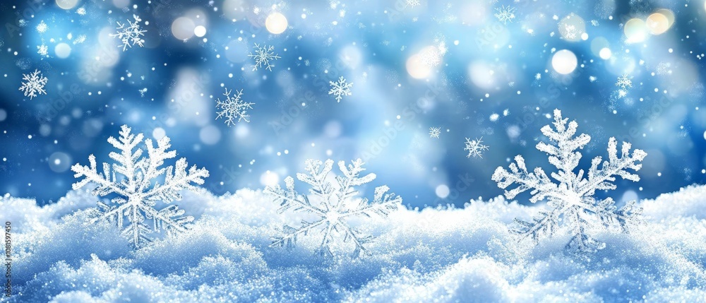 Magical Winter Scene with Snowflakes on Snowy Ground and Sparkling Bokeh Lights Magical Winter Scene with Snowflakes on Snowy Ground and Sparkling Bokeh Lights