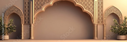 Ornate architectural backdrop with arches and plants for decorative purposes.