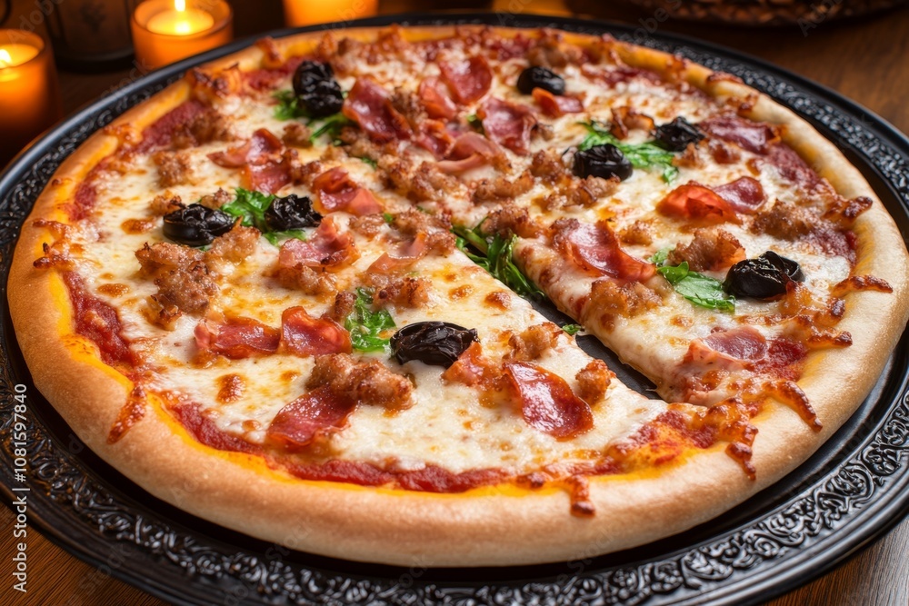 Gothic-style pizza with dark toppings, served on an ornate black plate in candlelight Gothic-style pizza with dark toppings, served on an ornate black plate in candlelight