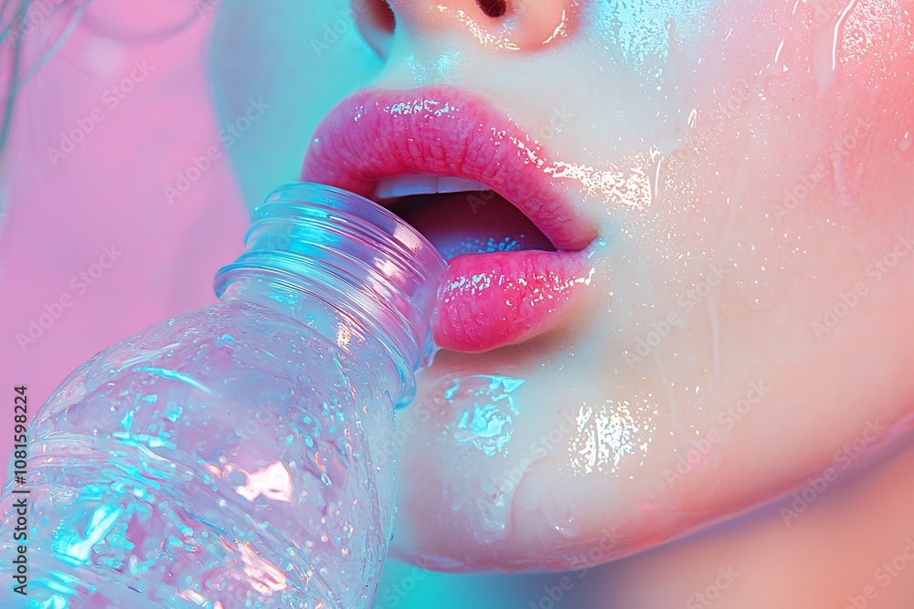 Fototapeta premium Captivating Close Up of Glossy Lips and Chin Against Vibrant Backdrop