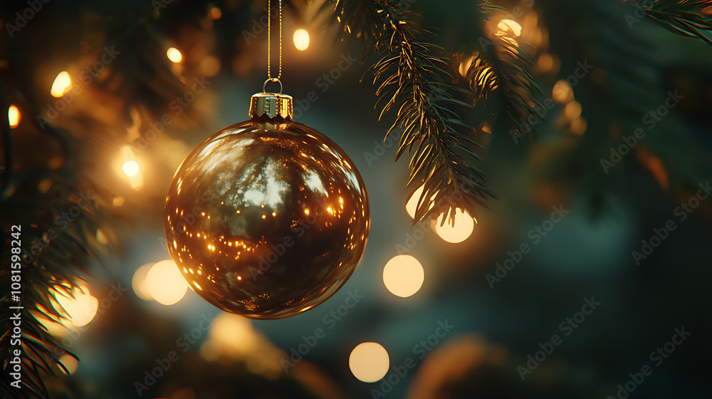 A detailed view of a holiday ornament hanging on a tree, with the lights creating a soft golden bokeh effect around it Highlighting the beauty of imperfections f/1.4 wide aperture Centered subject A detailed view of a holiday ornament hanging on a tree, with the lights creating a soft golden bokeh effect around it Highlighting the beauty of imperfections f/1.4 wide aperture Centered subject