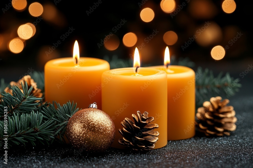 Hyper-realistic close-up of a decorated holiday table with candles, evergreen branches, and sparkling ornaments Hyper-realistic close-up of a decorated holiday table with candles, evergreen branches, and sparkling ornaments